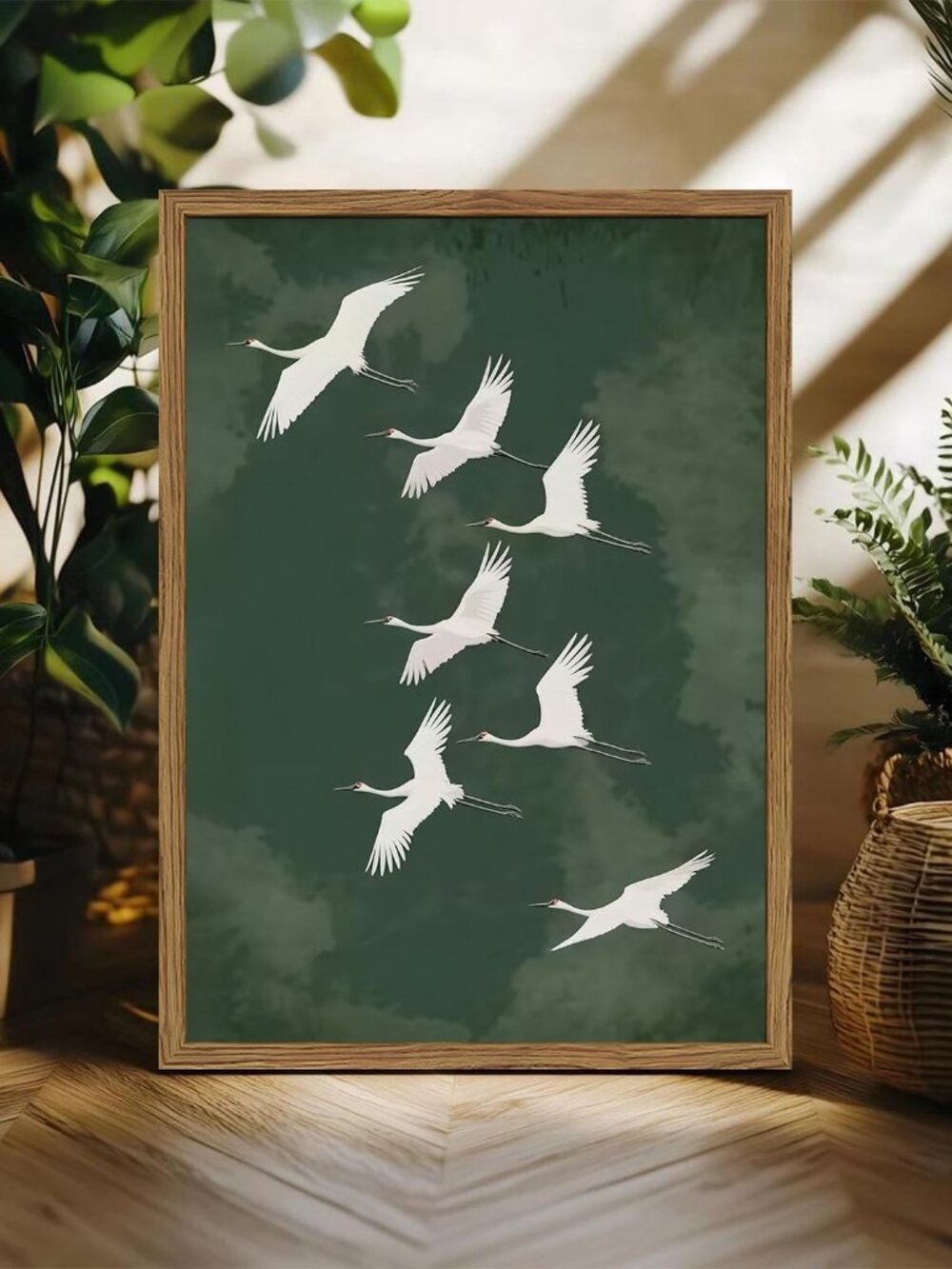 Framed Japanese Flying Cranes Wall Art, Vintage Bird Pictures Wall Decor Paintin - Picture 3 of 9